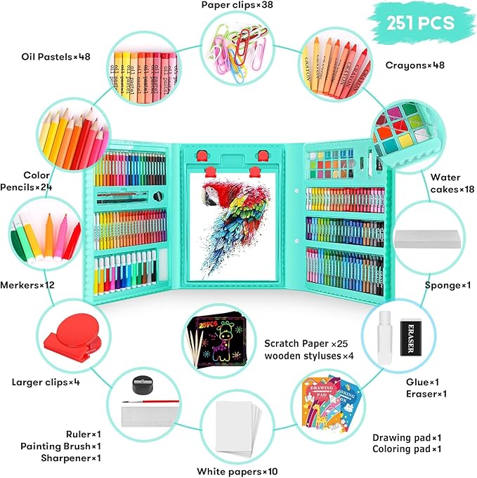 iBayam Art Supplies for Adult, Art Set Case with Trifold Easel, Scratch Paper, Sketch Pad, Coloring Book, Crayons, Pencils, Oil Pastels, Watercolors, Sharpener