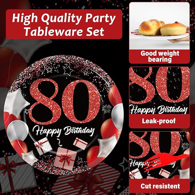 gisgfim 96 Pcs 80th Birthday Plates and Napkins Party Supplies 80 Years Old Birthday Party Tableware Set Red Black Dinner Dessert Plates 80th Birthday Decorations Favors for Man Women for 24 Guests