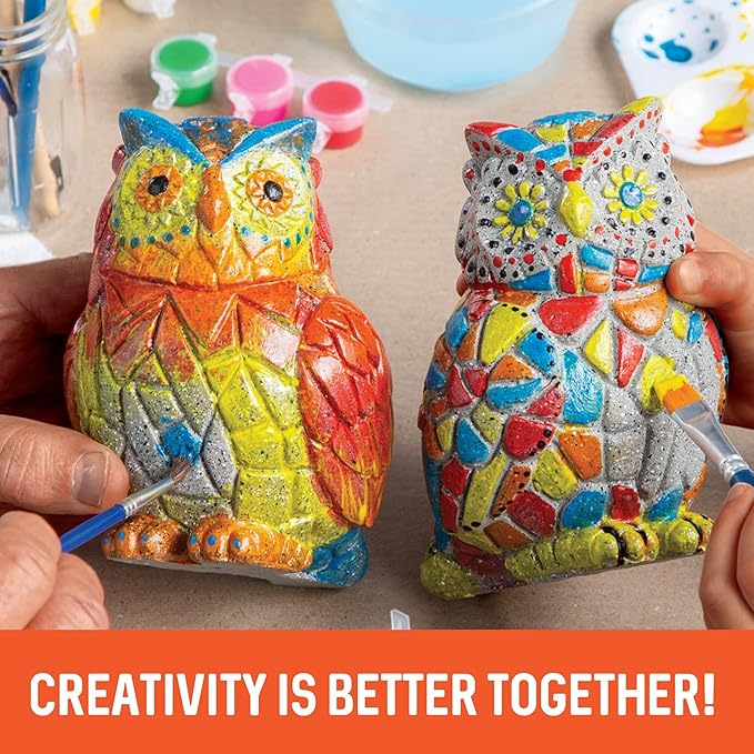 MindWare Two Creative Friendship Owls Stone Décor Painting Craft Kit for Two - Ideal Kids Arts & Crafts Kit for Ages 8 & Up - Learn How to Paint