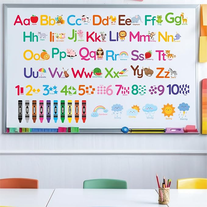 AOWDIAO Learning Wall Decals for Kids - Peel and Stick Alphabet, Numbers, Colors & Animals - Classroom, Nursery and Playroom Educational Decor