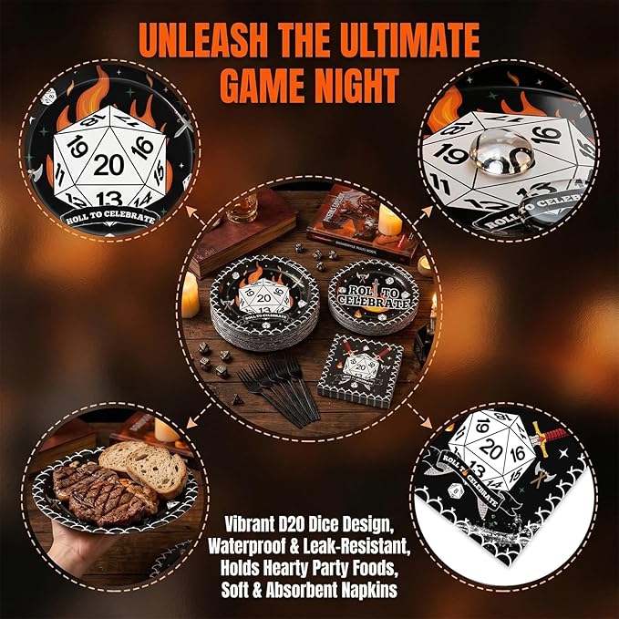 96Pcs D20 Dice Themed Birthday Party Plates and Napkins Dungeons Game Night Decor Roll to Celebrate Paper Disposable Cake Plates Role-Playing Game Themed Tableware Set for Adults Baby Shower 24 Guests