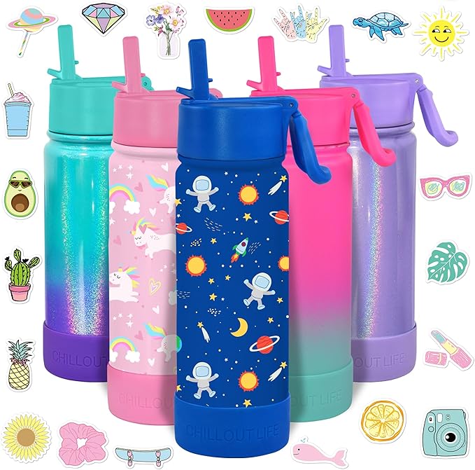 CHILLOUT LIFE 17 oz Kids Insulated Water Bottle for School with Straw Lid Leakproof and Cute Waterproof Stickers, Personalized Stainless Steel Thermos Flask Metal Water Bottle, Blue Space
