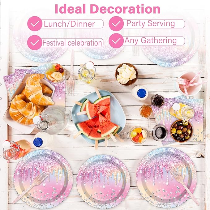 100PCS Iridescent Diamond Birthday Party Plates Napkins Forks Supplies Set Holographic Tableware Party Supplies Gem Stone Dinnerware Decorations Favors for Girls Kids Birthday Serves 25