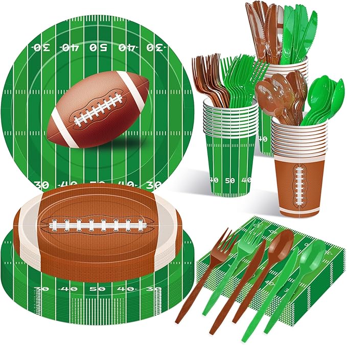175 Pcs Football Tableware Set - Serves 25, Football Themed Disposable Plates, Cups, Napkins, Forks, Spoons, Knives for Game Events Birthday Party Supplies, Sports Holiday Gathering