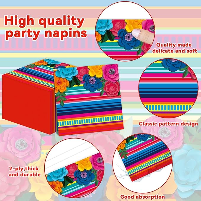 Mexican Party Decorations Fiesta Party Plates and Napkins Taco Birthday Supplies Mexican Paper Cake Dessert Disposable Tableware Set Table Cover Flowers Fiesta Tablecloths
