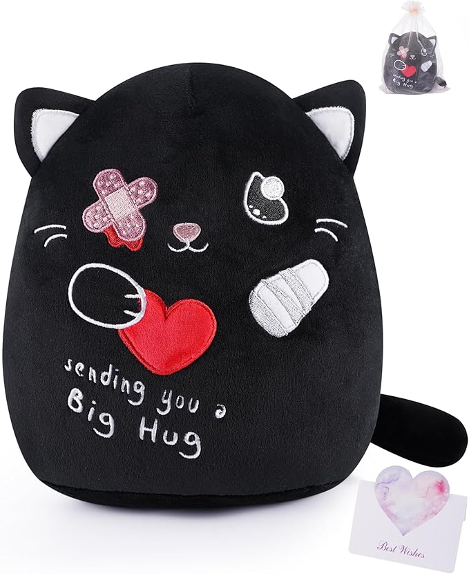 Get Well Soon Cat Plush - Black Cat Stuffed Animals Plushies Toys with Band-Aid Kids' Pillow Cushion Gifts for Patient Girls Boys Valentine's Day Gifts 9 Inch