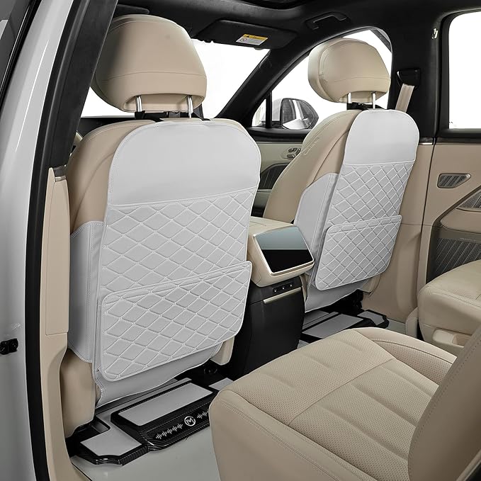 TAIKOO Seat Back Protector + Large Capacity Pocket Storage Organizer,Preventing the Impact of Children Stepping on the Seat Backrest (Cream White)
