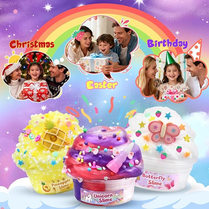 LAWOHO 15 Pack Slime Kit for Kids, DIY Crunchy Butter Slime Set with Charms & Add-ins, Soft Non-Sticky Slime Party Favors, Stress Relief Sensory Toys, Birthday Gifts Classroom Prizes for Boys Girls