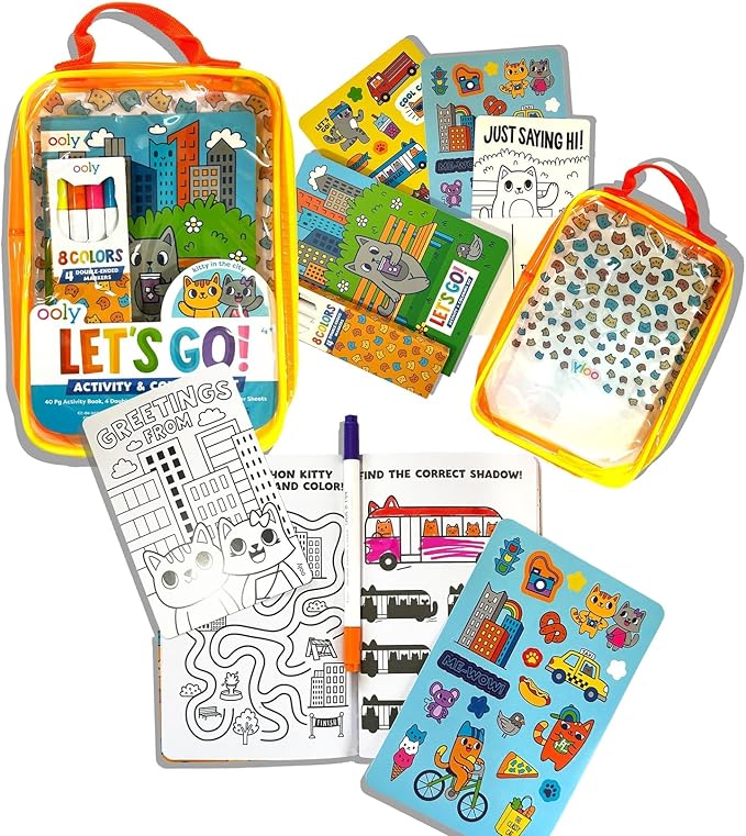 Ooly Let's Go Activity & Coloring Book Kit Complete with Markers, Stickers, Puzzles & More - Portable All in One Set - Kitty in the City