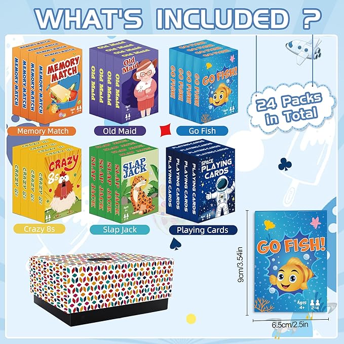 Kids Card Games,24 Decks,Go Fish, Old Maid, Crazy Eights, Memory Match, Slap Jack, Space Playing Cards, Family Game Night Classic Table Games, Stocking Stuffers for Kids Toddlers