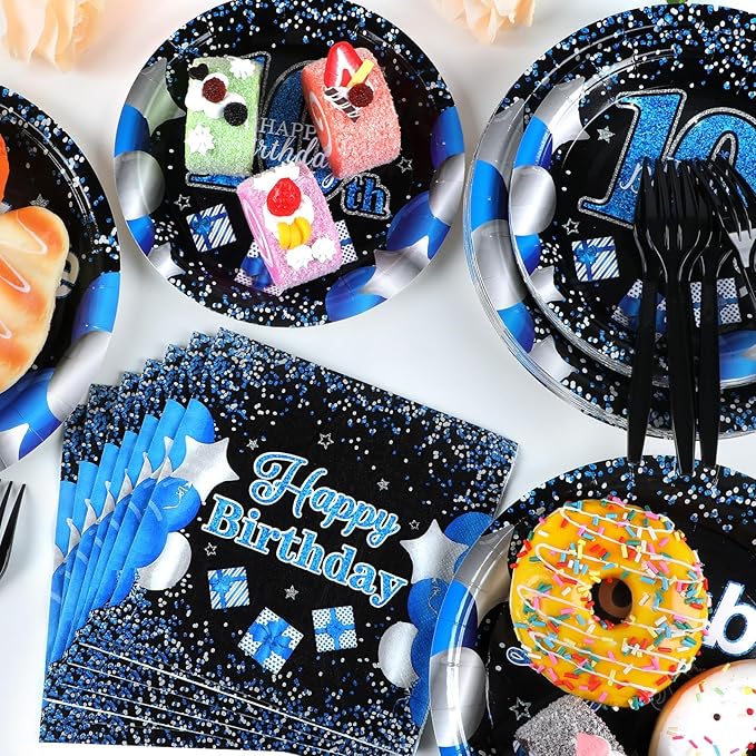 Qyeahkj 100 Pcs 10th Birthday Decorations for Boys Official Teen 10th Supplies Plate Napkin Forks Set Disposable Blue 10th Birthday Tableware Paper Plates Dinnerware for Kids Teenager Favors Serve 25