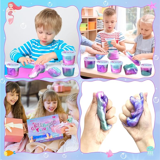 36 Pack Mermaid Slime Kit Party Favors for Kids Slime Cup Bulk DIY Stress Relief Putty Toy Christmas Holiday Birthday Goodie Bag Stuffer Classroom Reward for Girls Boys Stretchy Non-Sticky