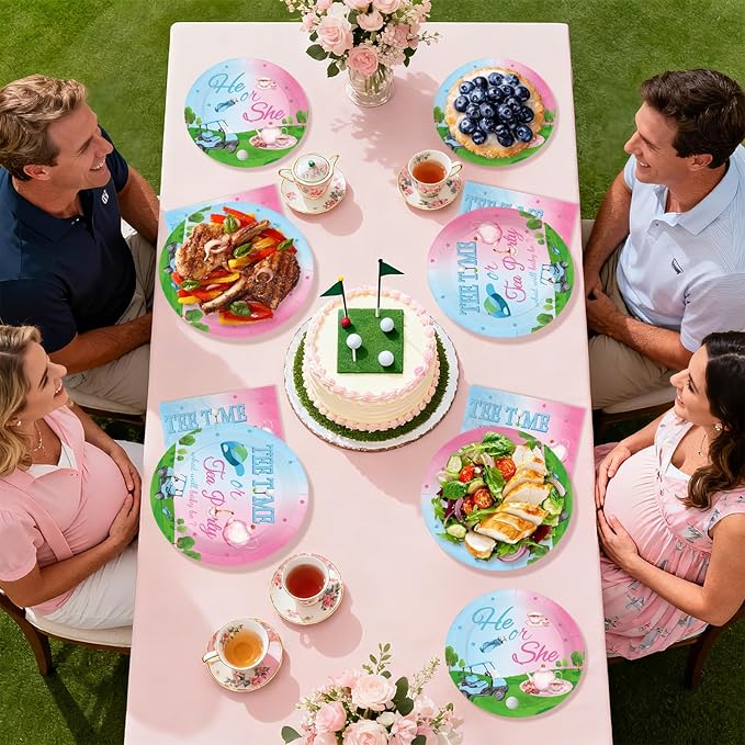 96 Pcs Golf Gender Reveal Decorations Blue Or Pink Golf Gender Reveal Plates and Napkins Tee Time He Or She Tableware Set for Boys Girls Baby Shower Birthday Party Supplies Serves 24
