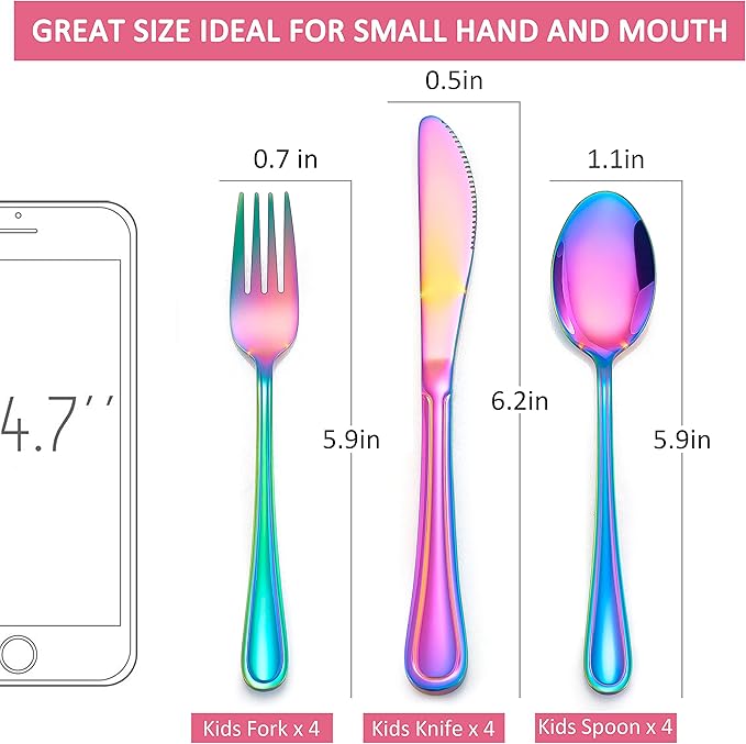 LIANYU 15-Piece Rainbow Kids Silverware Set, Stainless Steel Toddler Utensils Flatware Set, Child Cutlery Tableware Set for 5, Include knife Fork Spoon, Mirror Finished, Dishwasher Safe