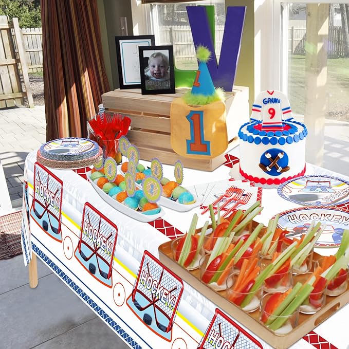Hockey Party Supplies - Serve 20-81Pcs Plates, Napkins, Tablecloth, Forks Set for Kid's Hockey Fans Birthday Gameday Theme Party Decorations
