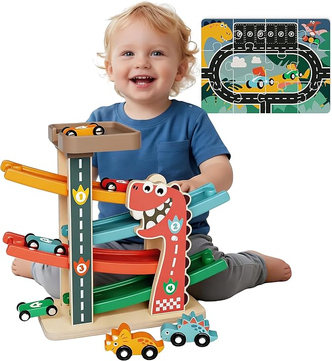 Montessori Toys for 1 Year Old Boy, Toddler Toys 1-2, First Birthday Gifts for Boys, Dinosaur Themed Toy Vehicle Set