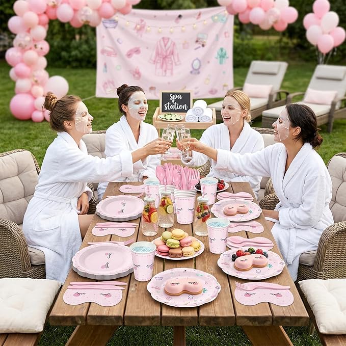 168Pcs Spa Paper Plates Napkins Pink Slumber Spa Tableware Set Sleepover Girls Makeup Birthday Party Supplies for Pajama Party Decorations Serves 24 Guests