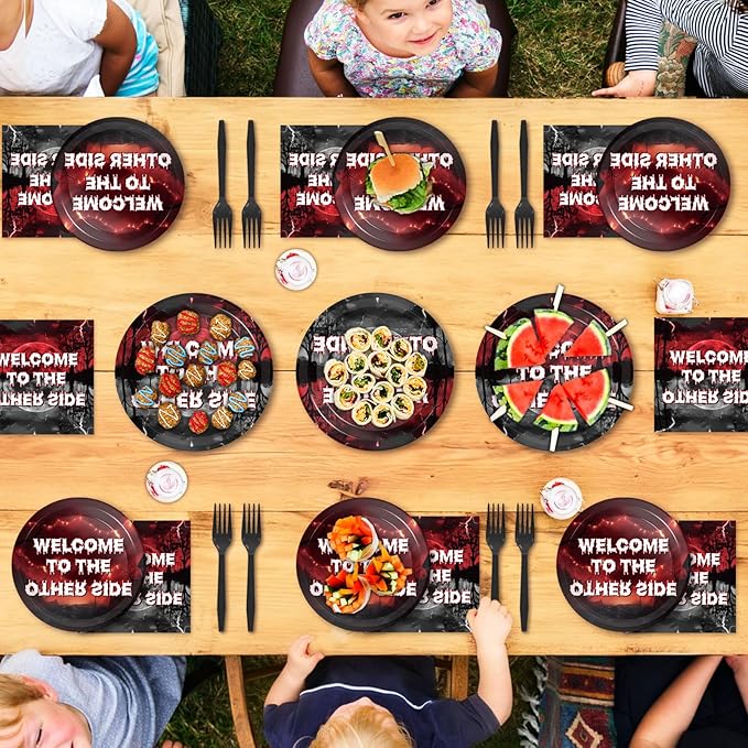96pcs Welcome to The Other Side Paper Plates Spooky Forest Horror Party Decorations Horror Forest Dinner Plates and Napkins Forks for Halloween Birthday Baby Shower Party Supplies Serve 24 Guests