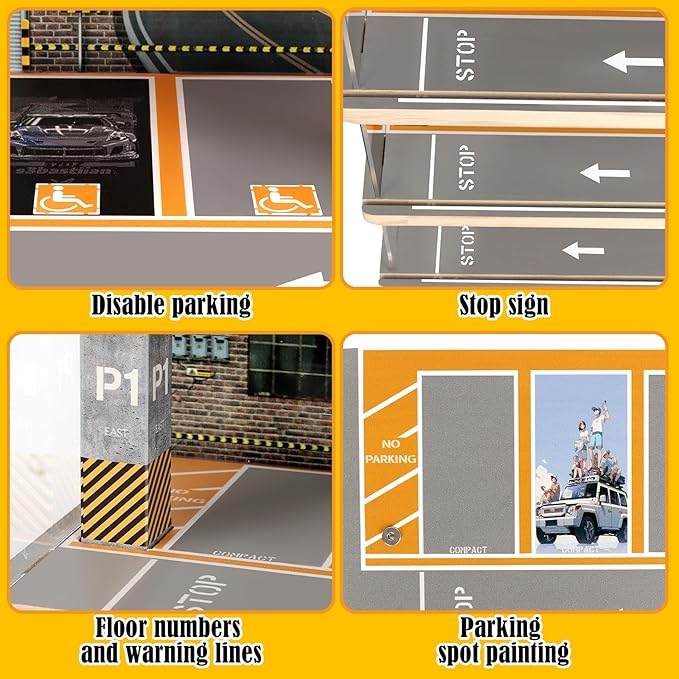 Saichotoy Storage for Hot Wheels: Toy Car Parking Garage Diorama with Lights - Freestanding Display Case for 1/64 Scale Diecast Cars with 4 Levels 24 Spots Maximum 40 Cars
