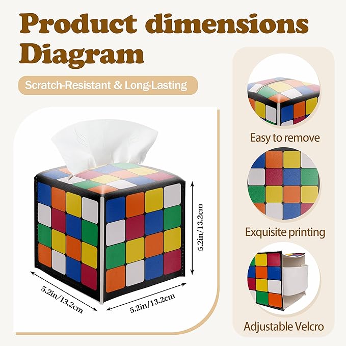 Funny Tissue Box Cover, Magic Cube Tissue Box Cover PU Leather Square, Decorative Facial Paper Organizer for Bathroom, Vanity, Home Office Car Decorations
