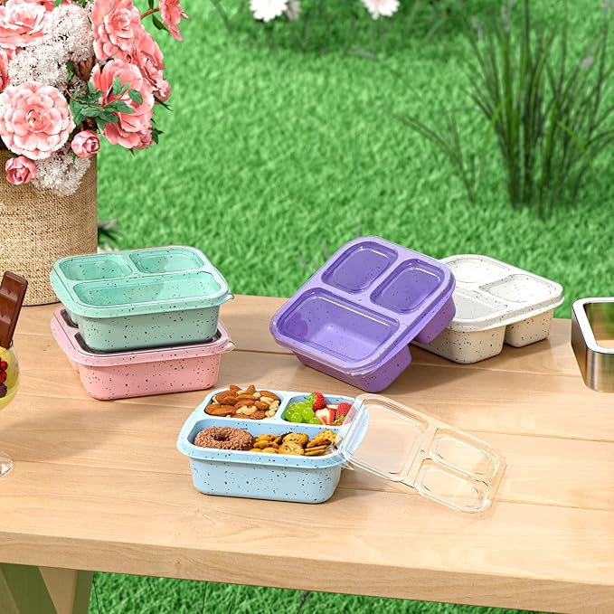 Snack Boxes (3 Pack) - Stackable Bento Boxes with 3 Compartments, Meal Prep Containers Reusable, Lightweight Lunch Containers for Kids and Adults, BPA Free (Blue)