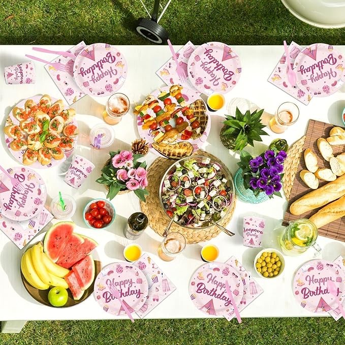 168Pcs Sleepover Party Supplies for Girls Pajama Birthday Plates Napkins Cups Forks Knives Spoons Hot Pink Slumber Spa Paper decor Tableware for Girls Birthday Night Slumber Party Supplies Serves 24