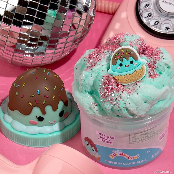 Original Squishmallows Maya the Ice Cream Premium Cloud Slime, Chocolate-Scented, 8 oz., Storage Container with Figurine Topper, Rubber Charm, Goodie Bags Stuffers, Kids Party Favors, Sensory Toys