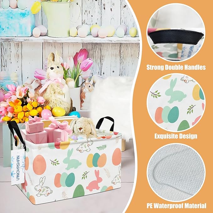 LANGYASHAN Rectangular Storage Bin Collapse Canvas Fabric Cartoon Storage Basket with Handles for Organizing Home Kitchen Boys and Girls Toys Office Closet Shelf Baskets (Rec Rabbit Easter Egg)