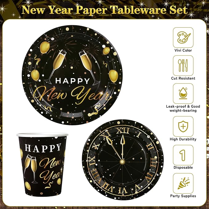 168pcs Happy New Year Party Supplies, Black and Gold Paper Plates Napkins Cups and Gold Cutlery for 24 Guests, 2026 New Year Disposable Tableware Supplies for Party Decorations