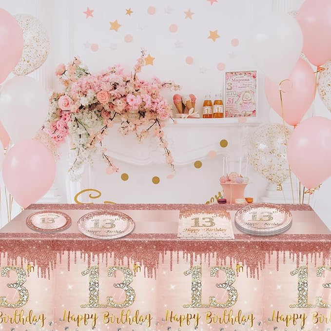 13th Birthday Party Decorations for Girls, Rose Gold Birthday Supplies Include 20Pcs Dinner Plates, 20Pcs Dessert Plates, 20Pieces Napkins and 2 Tablecloth, Sweet Thirteen Party Tableware