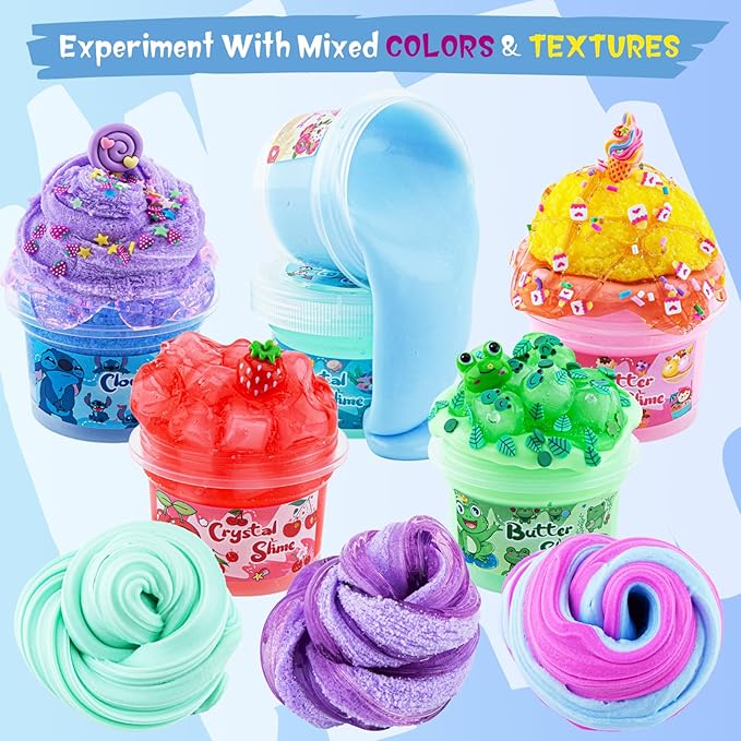 18 x 80 mL Big Premade Slime Kit - 48 FL OZ Slime with 6 Butter, 6 Cloud & 6 Clear Crystal Slimes Varieties - Party Favors for Kids, 56 Pcs Slimes Pack with Jelly Cube Add-ins