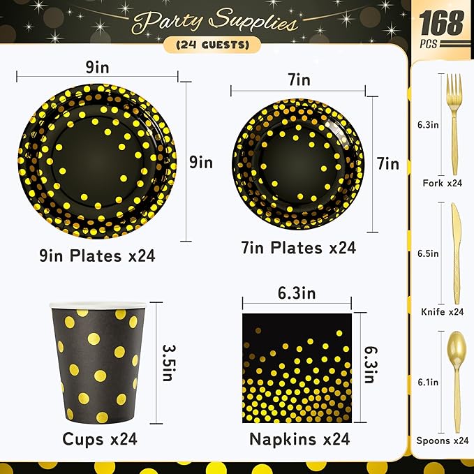 Black and Gold Dots Plates Set for 24 Guests,168PCS Disposable Dinnerware Party Supplies,Paper Plates Napkins Cups Gold Forks Knives Spoons for Birthday Graduation Retirement Anniversary Wedding Party