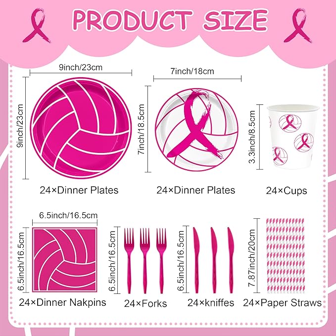 168 PCS Pink Volleyball Party Supplies Serves 24, Disposable Tableware Set with Plates Napkins Cups Cutlery Straws, Sports Birthday & Breast Cancer Awareness Decorations