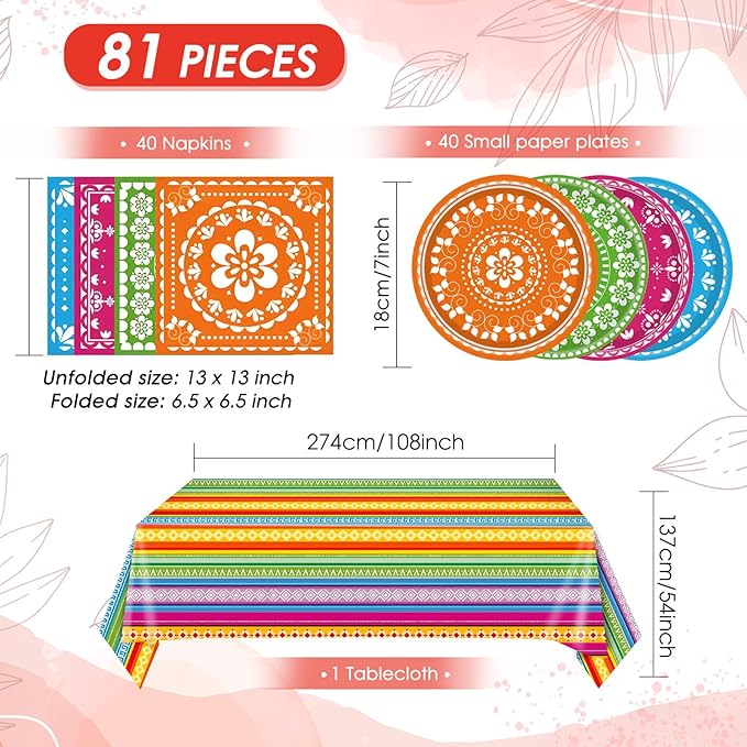 81PCS Mexican Fiesta Party Decorations Mexican Cinco De Mayo Party Decorations Supplies Mexican Disposable Paper Plates Napkins Mexico Plastic Tablecloth Fiesta Ware Dinnerware for Taco Party Decor