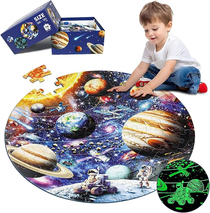 Glow in The Dark Solar System Jigsaw Puzzles for Kids Ages 4-8, 70 Pieces Kids Space Planet Floor Puzzle Toys Ages 8-10, Large Round Educational Puzzle Toys Easter Gifts for Kids Boys Girls