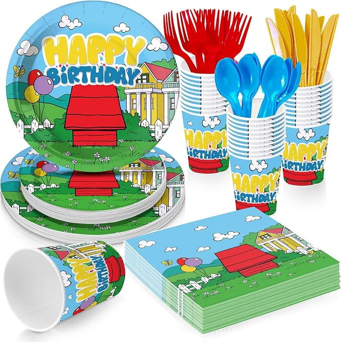 Cartoon Dog Party Supplies for kids Cartoon Themed Birthday Party, Peanuts Party Decorations Disposable Tableware Set With Plates, Cups, Napkins & Cutlery for 24 Guests