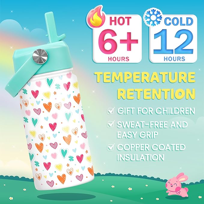 Kids Water Bottle with Straw Lid - Insulated 12 Oz Stainless Steel Water Bottles for Girls - Heart Water Bottle Travel Cup for School Sports