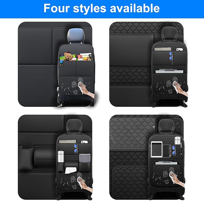 Back Seat Protector Car Kick Mats for Toyota Grand Highlander with 2 Pocket Storage Organizer - Faux Leather Back Seat Covers for Kids Feet Waterproof Dirt Automotive Accessories (1 Pair,Black)