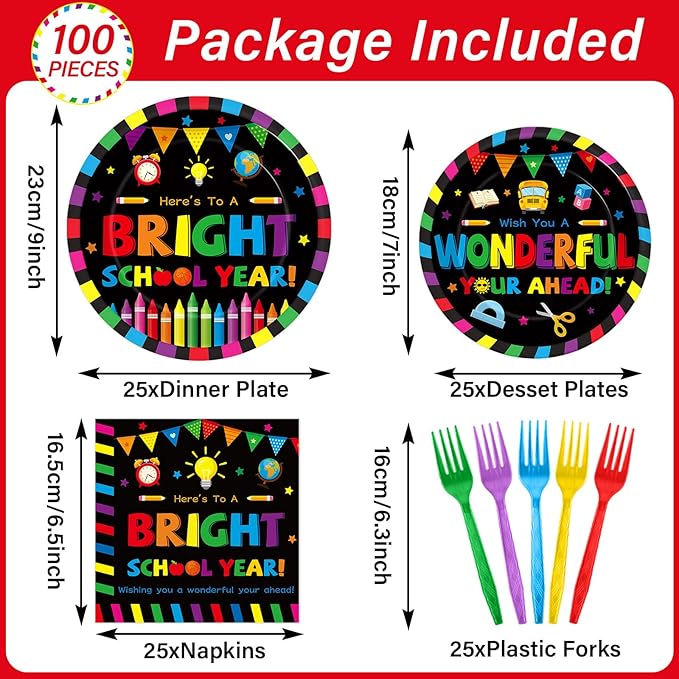 100PCS Back To School Decorations School Season Supplies Paper Plates Napkins Disposable Black Bottom Colorful Pattern Tableware Dinnerware for Student Birthday Picnic First Day of School Serves 25