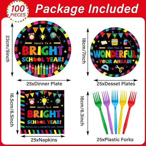 100PCS Back To School Decorations School Season Supplies Paper Plates Napkins Disposable Black Bottom Colorful Pattern Tableware Dinnerware for Student Birthday Picnic First Day of School Serves 25