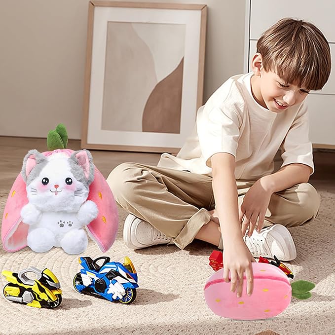 MIAODAM Cat Plush Stuffed Animals, Cute Reversible Strawberry Turn Into Cat Zip Plush, Funny Plushies Toy in A Strawberry Stuffie for Kid (7.8inch)
