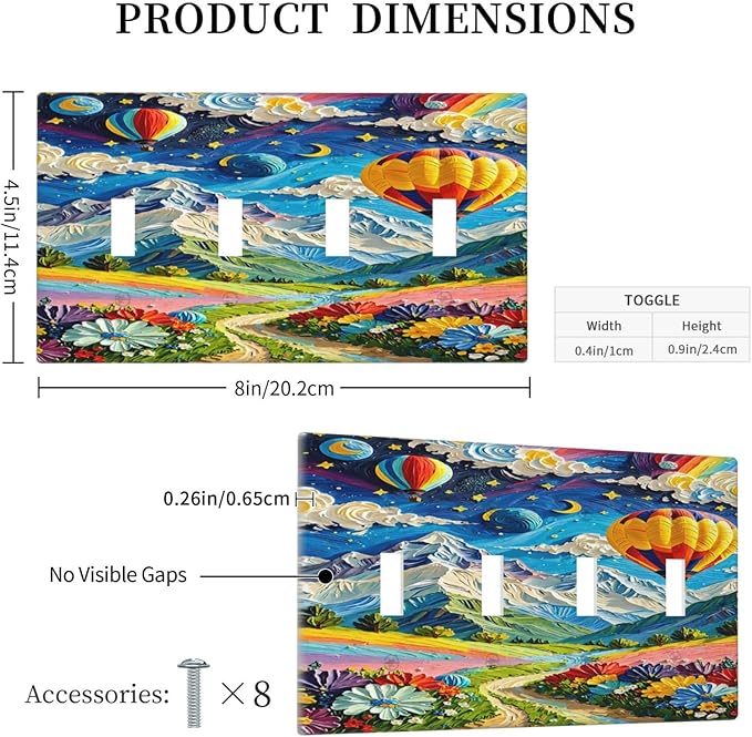 Hot Air Balloons Floral Vibrant Colors Flowers Mountains Stars Moon Light Switch Covers Quad Toggle 4 Gang Wall Plate Decorative Switch Plates Electrical Faceplate for Bedroom Kids Room Decor