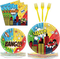 gisgfim 96 Pcs Super Theme Hero Party Plates and Napkins Party Supplies Hero Themed Party Tableware Set Hero Action Disposable Decorations Favors for Birthday Baby Shower for 24 Guests