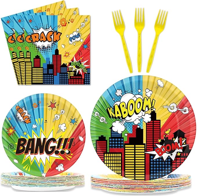 gisgfim 96 Pcs Super Theme Hero Party Plates and Napkins Party Supplies Hero Themed Party Tableware Set Hero Action Disposable Decorations Favors for Birthday Baby Shower for 24 Guests
