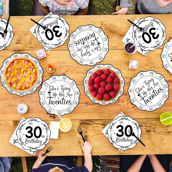 96Pcs Black Bow 30th Birthday Party Decorations She's Tying up Her Twenties Plates and Napkins Scalloped Black and White Bow Tableware Set for 30 Years Old Women Rip 20s Birthday Supplies Serves 24