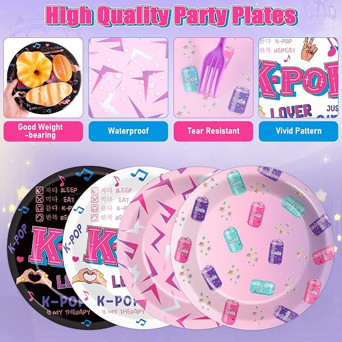 96pcs Kpop Party Paper Plates and Napkins Kpop Girl Party Decorations Music Star Disposable Dessert Plates Music Singer Demon Tableware Set Serves 24 Guests Boys Girls Kids Teenagers Birthday Supplies