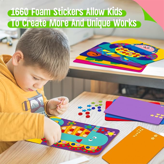 SpriteGru Foam Sticker Art Activity, 20 Animals with 1660 Foam Stickers in 10 Colors Fun with Foam DIY Activity Craft Kits Travel Game for Kids, Boys & Girls