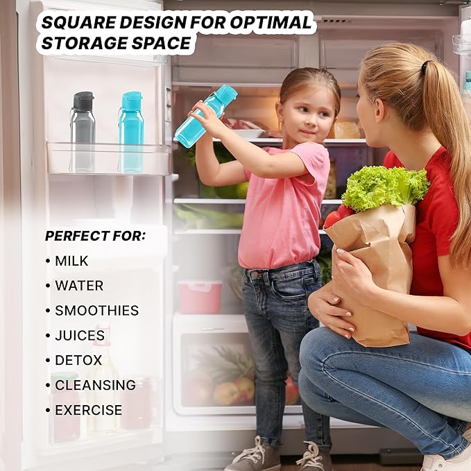 MILTON Bulk Water Bottles Set of 4 – 10 and 17oz Multicolor Bottles for Kids and Adults – Leak Proof with Carry Strap – Square Reusable Bottles for Juice, Drinks BPA-Free Dishwasher-Safe