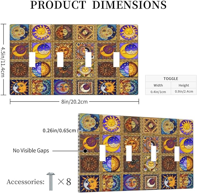 Mexican Talavera Tiles Star Pattern Celestials Theme Print Light Switch Covers Quad Toggle Electrical Faceplate 4 Gang Wall Plate Decorative Switch Plates for Kitchen Home Decor