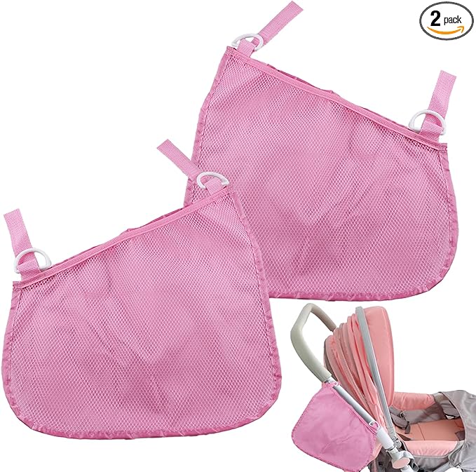 2PCS Universal Side Sling Stroller Cargo Net,Portable Storage Mesh Bag,Stroller Storage Organizer Bag,Non-Slip and Adjustable Straps Side Sling Mesh Organizer(Pink)